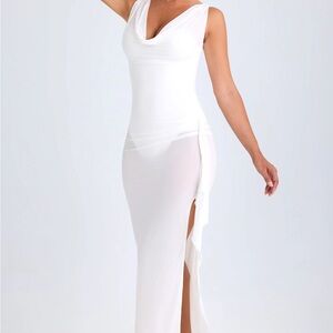 OH POLLY - DEVA: Ruffle-Trim Cowl-Neck Midaxi Dress in White MEDIUM